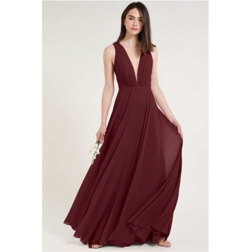 Jenny Yoo Ryan Plunging V-Neck Illusion Mesh Bridesmaids Maxi Dress Hibiscus 10